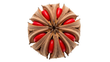 Isolated Illicium verum seed pod, with red seeds inside, a spice used in cooking and medicine