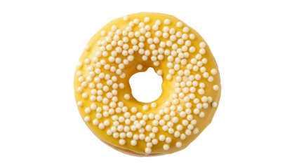 Delicious yellow donut with white sprinkles isolated PNG, sweet treat for dessert and snack, confectionery item on transparent background