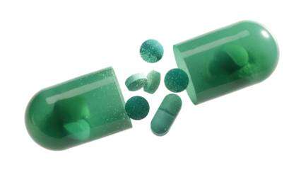 Green open capsule with pills isolated PNG, medicine supplement on transparent background for healthcare and pharmaceutical use