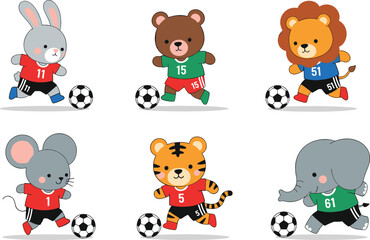 Cute animal soccer player character set with rabbit, bear, lion, mouse, tiger and elephant for kids sports illustration and game design