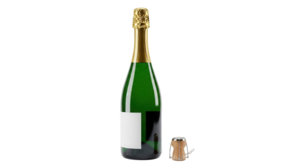 Green champagne bottle with gold foil and cork isolated PNG, celebratory drink for special occasions and festive events