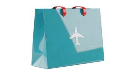 Teal shopping bag with airplane logo isolated PNG, travel and tourism concept for retail and merchandise on transparent background