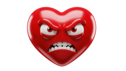 Angry red heart emoji PNG isolated on transparent background, cartoon character with furious expression for social media and design