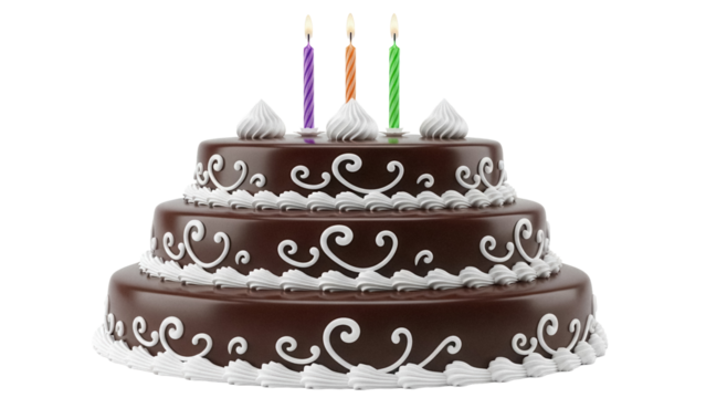 Three-tiered chocolate birthday cake with candles isolated PNG, festive dessert for celebration on transparent background - Powered by Adobe