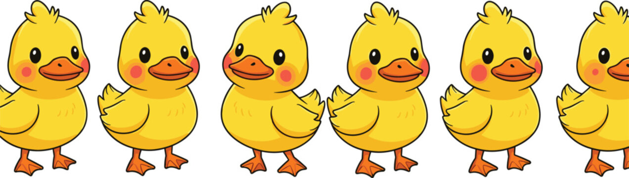 Cute yellow duckling cartoon character set in different standing poses for kids nursery illustration, spring decoration and playful pattern design