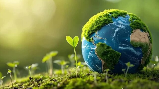 Environmental concept - Crystal Earth on forest moss with fern and sunlight - environment, save clean earth, net zero, esg ecology concept. Earth day banner