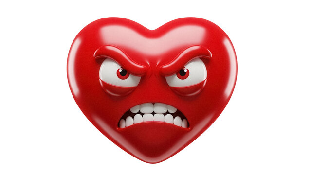 Angry red heart emoji PNG isolated on transparent background, cartoon character with furious expression for social media and design - Powered by Adobe