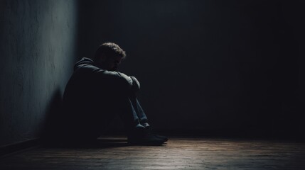 Solitary alone sad man sitting on floor in darkness. Concept of depression, sadness, and emotional pain. Mental health awareness and support. Social phobia, anxiety, fear, illness. Panic attack issue.