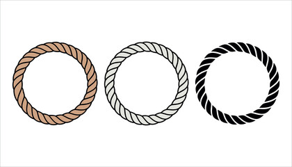 Three twisted rope circles in brown white and black isolated on white background circular rope brown rope