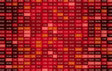 Red collored spreadsheet with financial figures, revenue, sales data, sell, rates. Information, financial report, percentages, business data, strategy and planning. 3D illustration