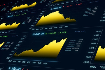 Stock market and exchange, chart moving up and down, index data, market research. Business strategy, trading,  information, growth, wealth, financial markets.