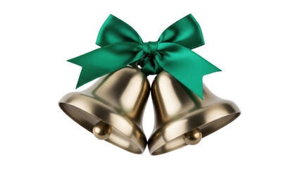 Isolated pair of decorative Christmas jingle bells tied together with an emerald green ribbon