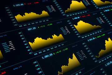 Stock market and exchange, chart moving up and down, index data, market research. Business strategy, trading,  information, growth, wealth, financial markets.