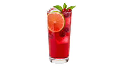 Isolated delicious raspberry lime cocktail with ice, decorated with mint leaves, fresh fruit