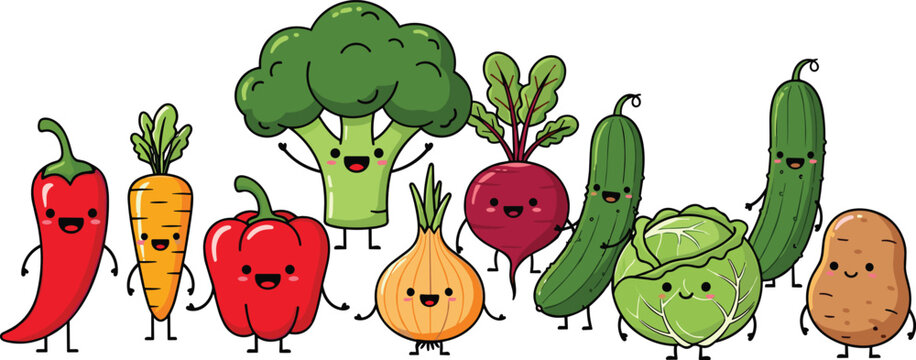 Cute cartoon vegetable character set with smiling broccoli, carrot, pepper, beet, onion, cucumber and cabbage for kids healthy food illustration