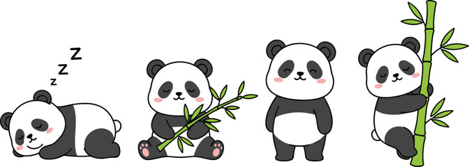 Cute panda character set in different poses eating bamboo, standing, sleeping and climbing for kids illustration and nursery design © Sanjida