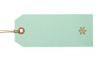 Isolated mint-colored gift tag with golden snowflake, gift label with twine cord, holiday present
