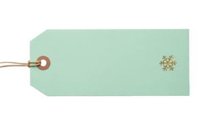 Isolated mint-colored gift tag with golden snowflake, gift label with twine cord, holiday present