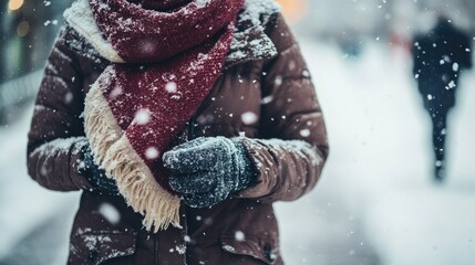 Cozy Person in Brown Jacket with Red Scarf Embracing Winter Wonderland in Snowy Street with Soft Falling Snowflakes in Urban Setting