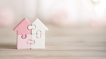 Small pink and white house constructed from four interlocking jigsaw puzzle pieces, soft bokeh background. Childhood concept, problem-solving, building idea, assembling home and life piece by piece