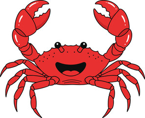 Cute red crab cartoon character smiling with raised claws for kids illustration, mascot, sticker, beach and ocean design