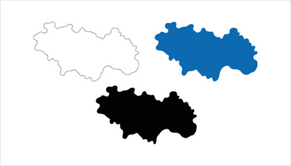 Three abstract organic shapes in black blue and outline on white background blob irregular