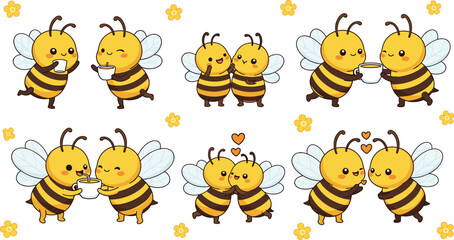 Cute cartoon bee character set showing love, friendship and tea drinking moments for kids stickers and valentine design