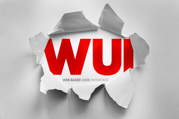 WUI acronym for Web Based User Interface exposed through torn paper, symbolizing online dashboards, browser access, remote control, digital panels, cloud apps, and modern web-driven systems