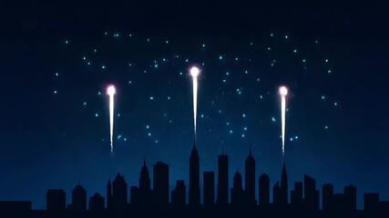 Animated fireworks exploding in vibrant colors over a dark city skyline at night for celebration concept and festive holiday events