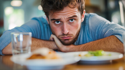 Caucasian man with beard and curly brown hair wearing blue shirt, leaning on table with sad expression, looking at camera. Feelings of boredom, loss of appetite and disappointment