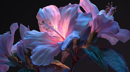 Close-up shot of a delicate hibiscus flower in bloom, illuminated by soft lighting. The flower displays a vibrant array of colors, from pale blue to pink, creating a stunning visual display.