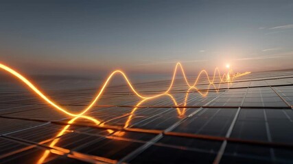 Solar Panel Graphic of glowing orange energy waves flowing across solar panels during sunset or sunrise, symbolizing clean power generation and electricity. - Powered by Adobe