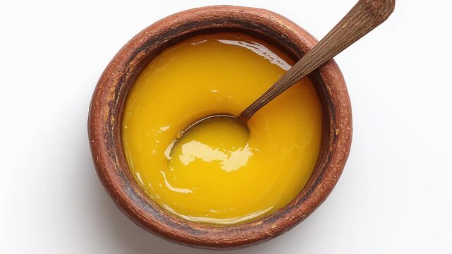 Ghee or clarified butter in a traditional clay bowl with a spoon, isolated on white