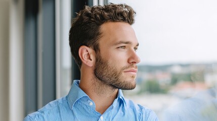 Man in blue shirt looking out window.