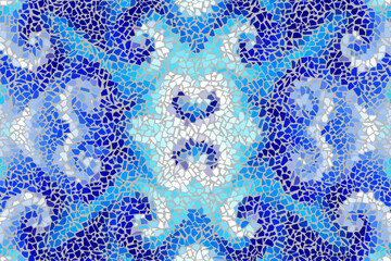 Trencadis wall texture. Bright blue abstract mosaic seamless pattern. Vector background. Endless texture. Ceramic tile fragments.