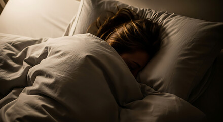 Peaceful woman sleeping soundly in a cozy bed at night under warm light.