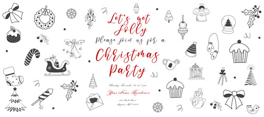 Christmas card with a doodle art Festive decor Christmas banner with cookies and toy Vector illustration