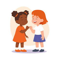 Two girls making pinky promise share joyful friendship moment, happy cute little kid girls do promise. Cartoon People Vector Illustration