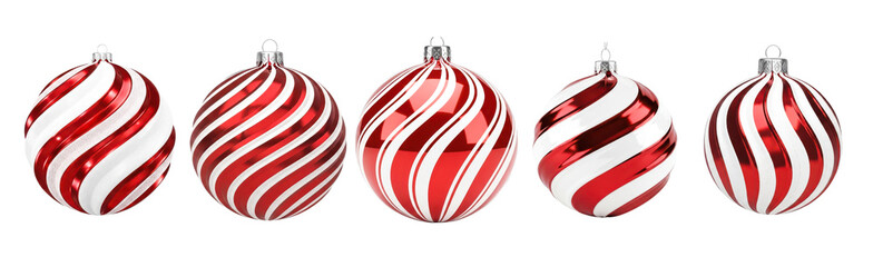 Red and White Striped Christmas Ornaments Set Isolated on White Background | Festive Holiday Decor