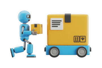 Blue robot courier delivering packages with automated cart systems