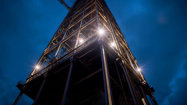 Tall Industrial Tower Structure Viewed from Below at Night with Bright Work Lights and Steel Framework Creating Dramatic Engineering Perspective