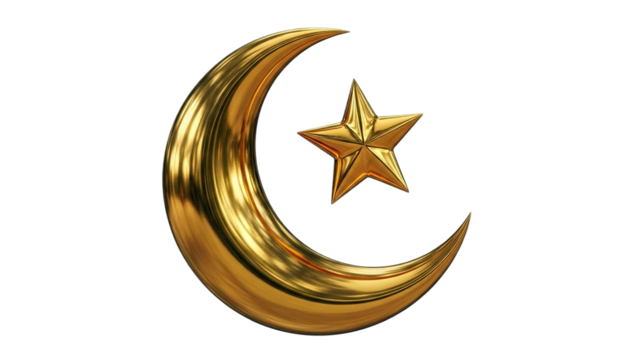 Golden crescent moon and star symbol of islam isolated on transparent background - Powered by Adobe