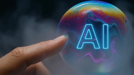 AI hand bubble neon futuristic glowing to touch delicate transparent sphere with surface conveying curiosity and technological wonder in moody dark setting