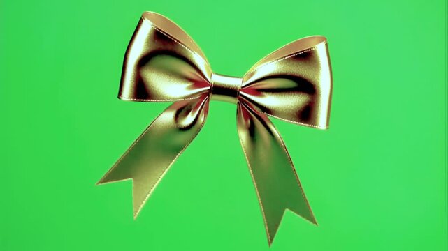 Realistic gold bow tied in a simple knot against on green screen.