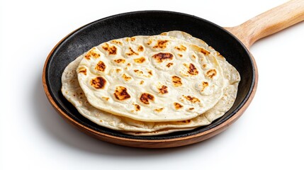 Two freshly cooked flatbreads are presented in a rustic cast iron skillet with a wooden handle, set against a clean white background, ready to be served.