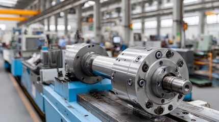 Fototapeta premium Industrial machine systems horizontal lathe action in a high-tech factory environment with skilled tools and precision