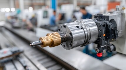Fototapeta premium Lathe machine turning brass piece in factory setting skilled tools and systems at work industrial environment close view