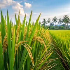 Obraz premium Golden rice field under a blue sky with palm trees in the distance