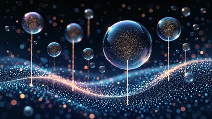 Glowing data spheres connected by a digital wave of particles on a dark background for futuristic technology concept and big data visualization - Powered by Adobe