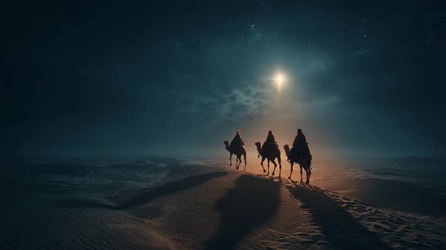 Three wise men on camels travel through the quiet desert under the Bethlehem Star on Christmas night